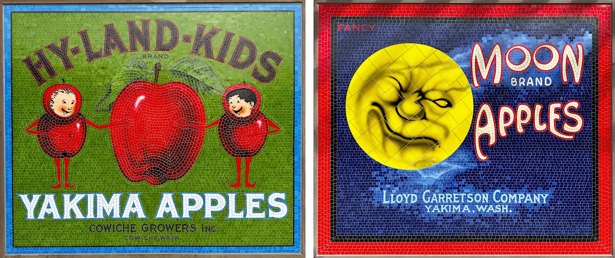 Image of two fruit label mosaics, by David Bilides