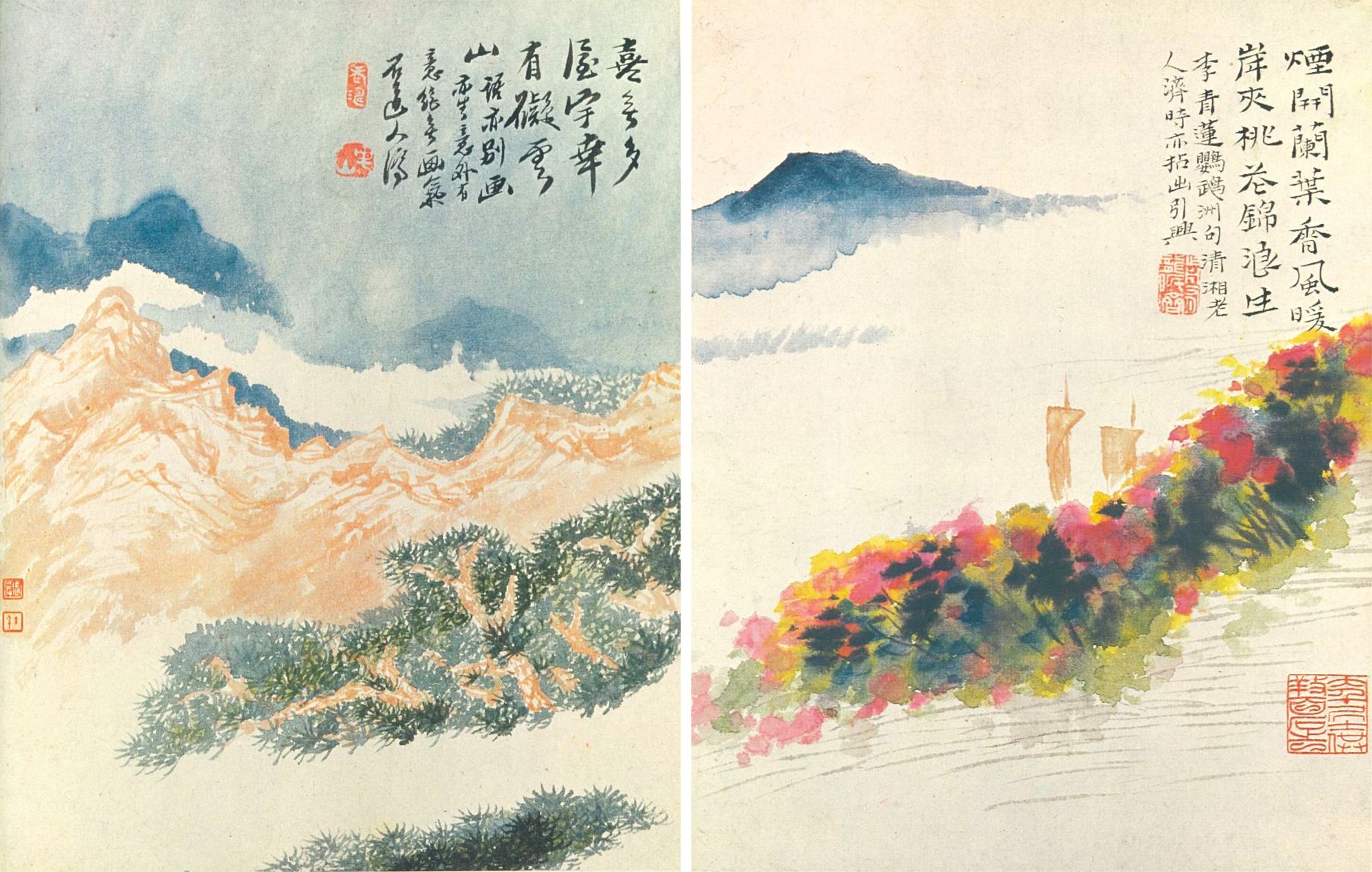 Paintings by Tao-chi: (left) Mountain-blocked Clouds, (right) Riverbank of Peach Blossoms