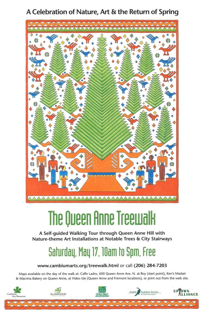 Image of Queen Anne Treewalk poster with supporters. Tree of Life Artwork by Sandra Dean, adapted from a vintage Indonesian shaman’s weaving