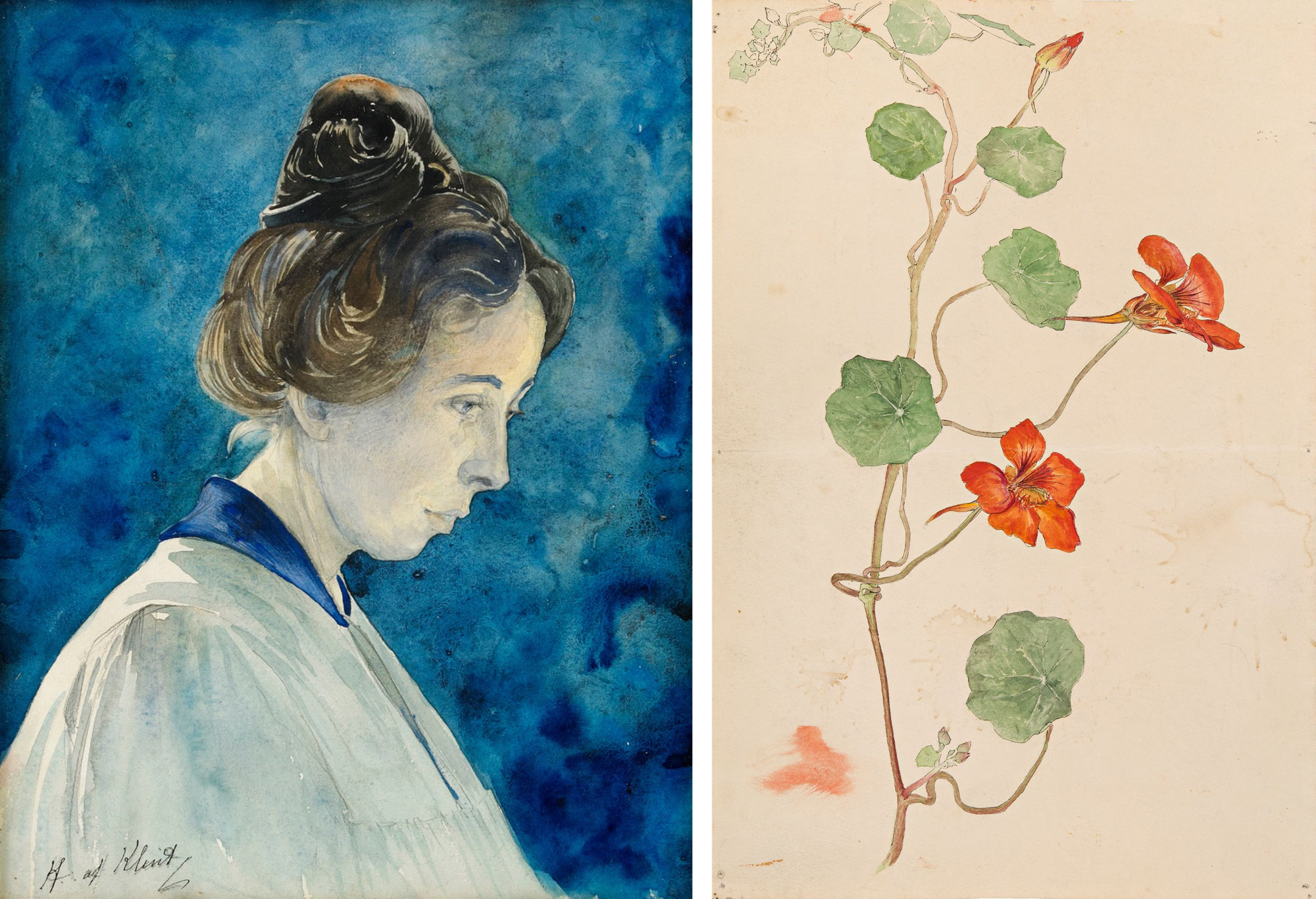On left, Self-portrait painting of Hilma af Klint, right side to the camera, looking down to the right, hair up, wearing white in front of a blue background; on right, green and red flowers ascending on a slim stalk at left against a beige background