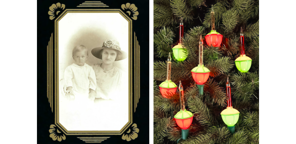 (left) Photo of young boy on left with  mother wearing broad hat; (right) 7 red, green, and yellow bubble lights on a section of an evergreen tree.