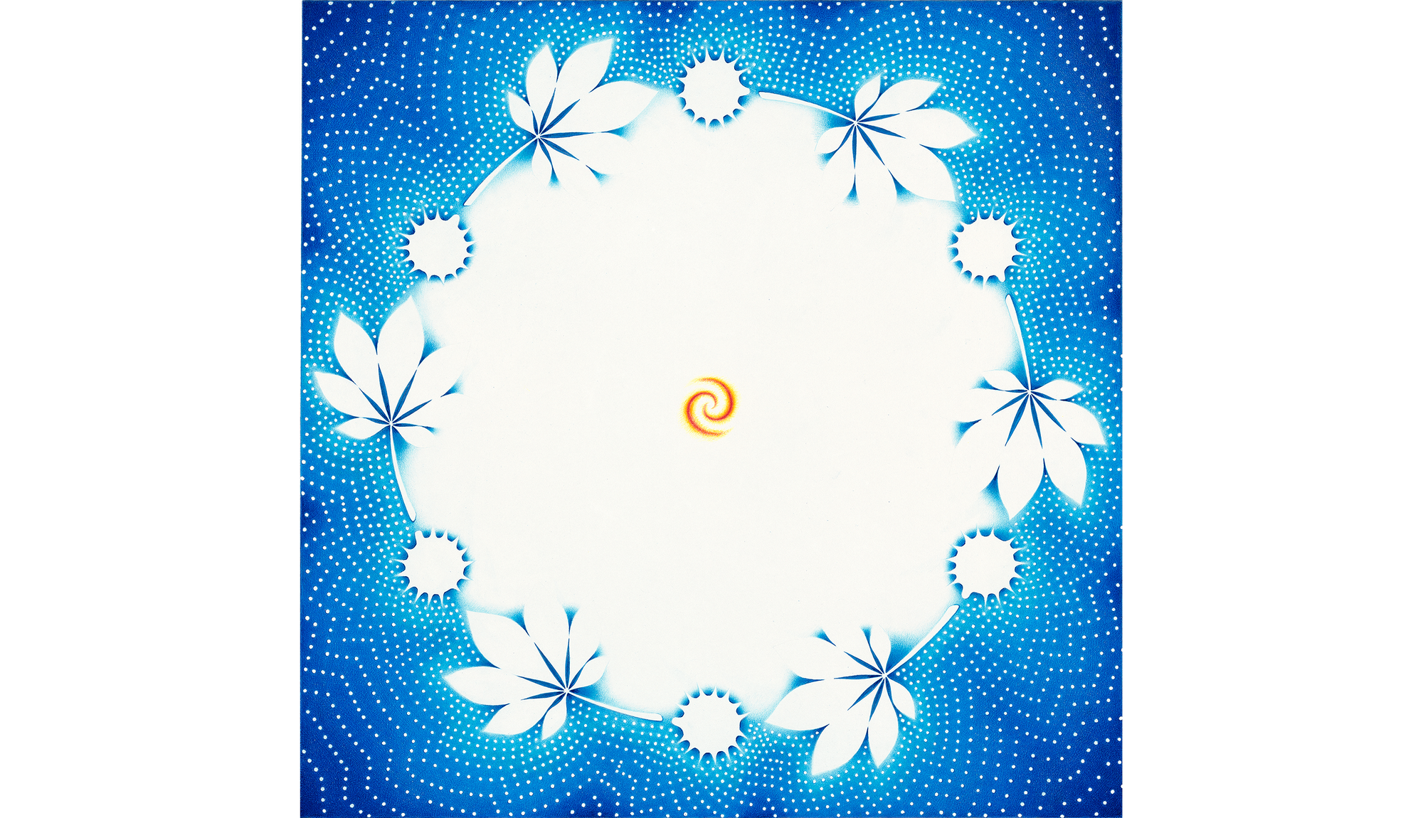 Painting of circular form on blue background with white stars.