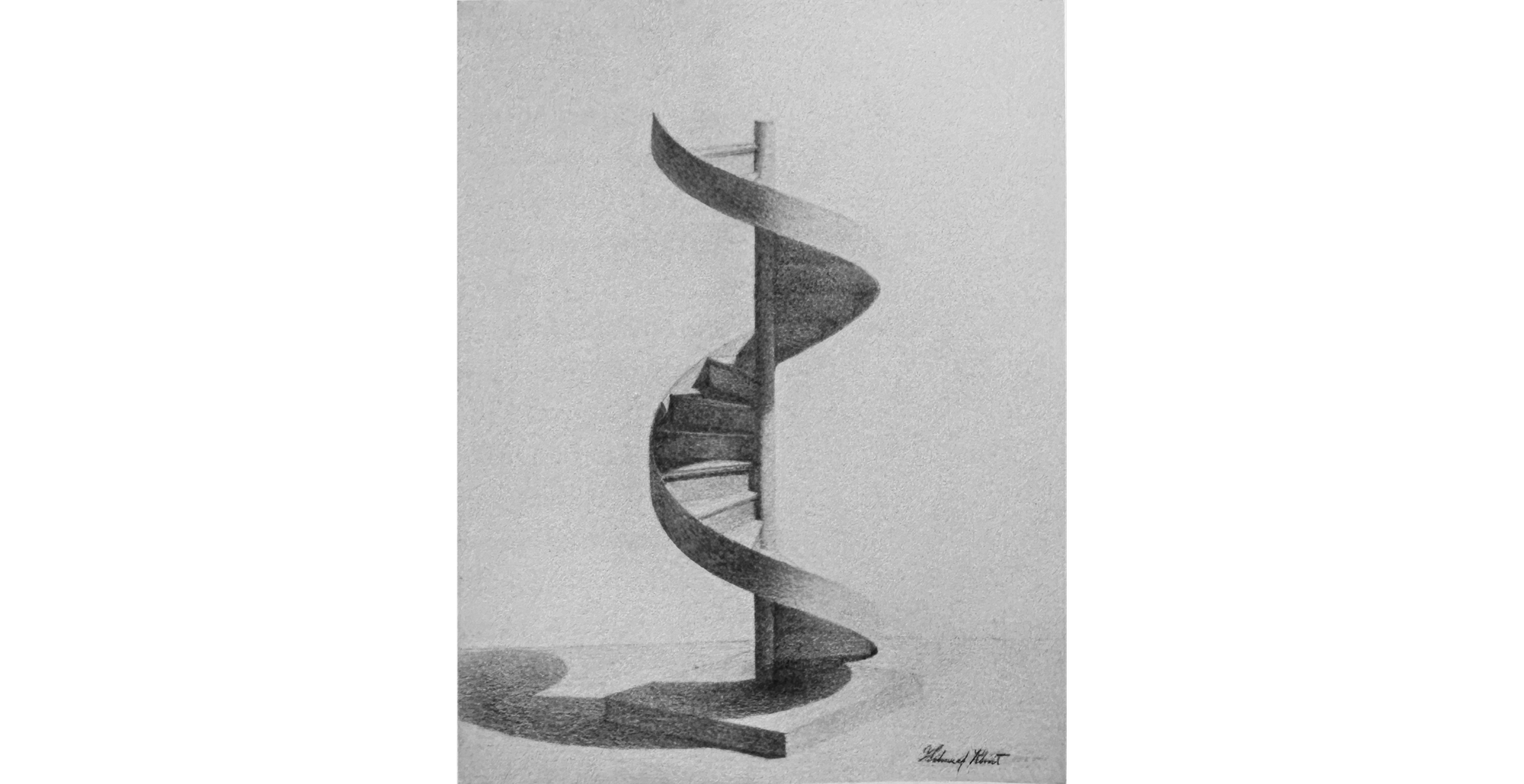 Black and white sketch of 3 turn sprial staircase