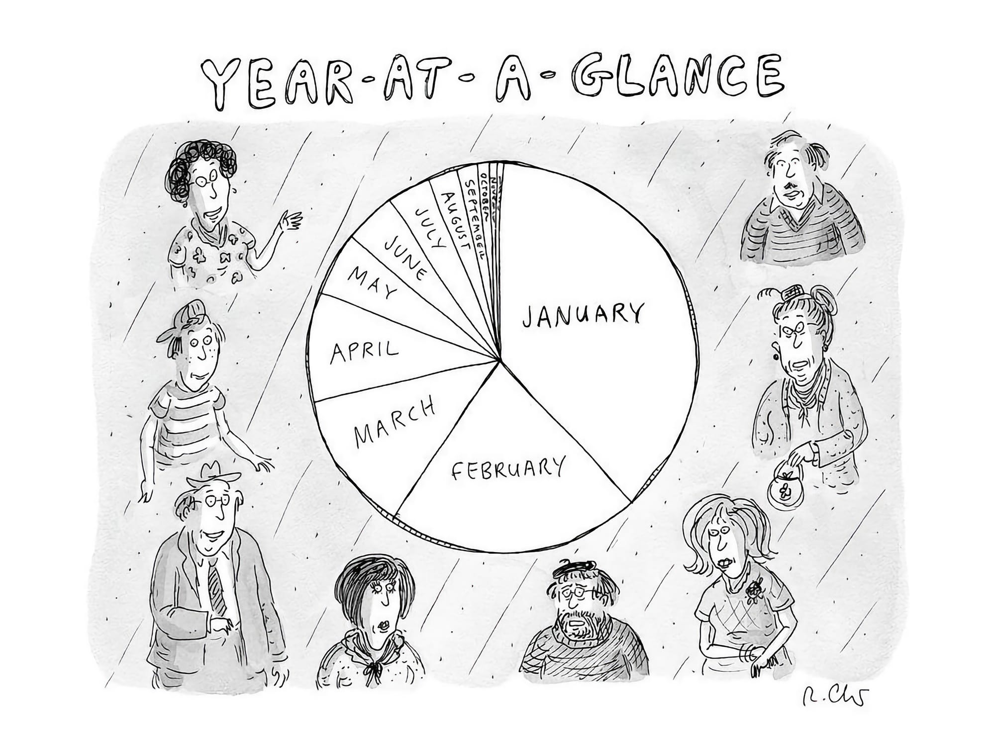 A cartoon by Roz Chast show people surrounding a graphic calendar year like a pie chart, with the pieces getting smaller as the year progresses.