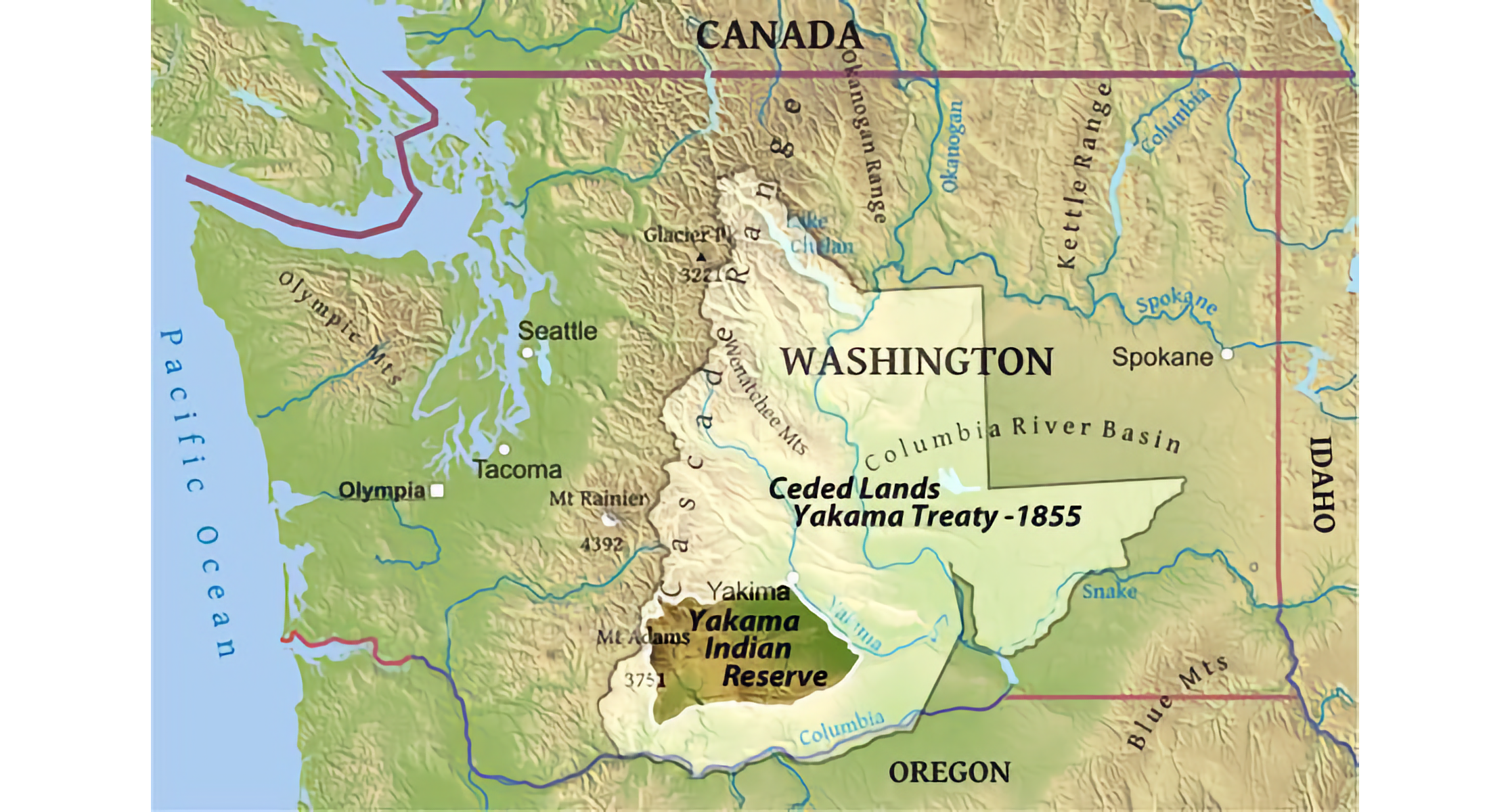 Map of stdate of Washington showing in center of state ceded Yakama lands from 1855 treaty, and what remains as Yakama Indian Reserve