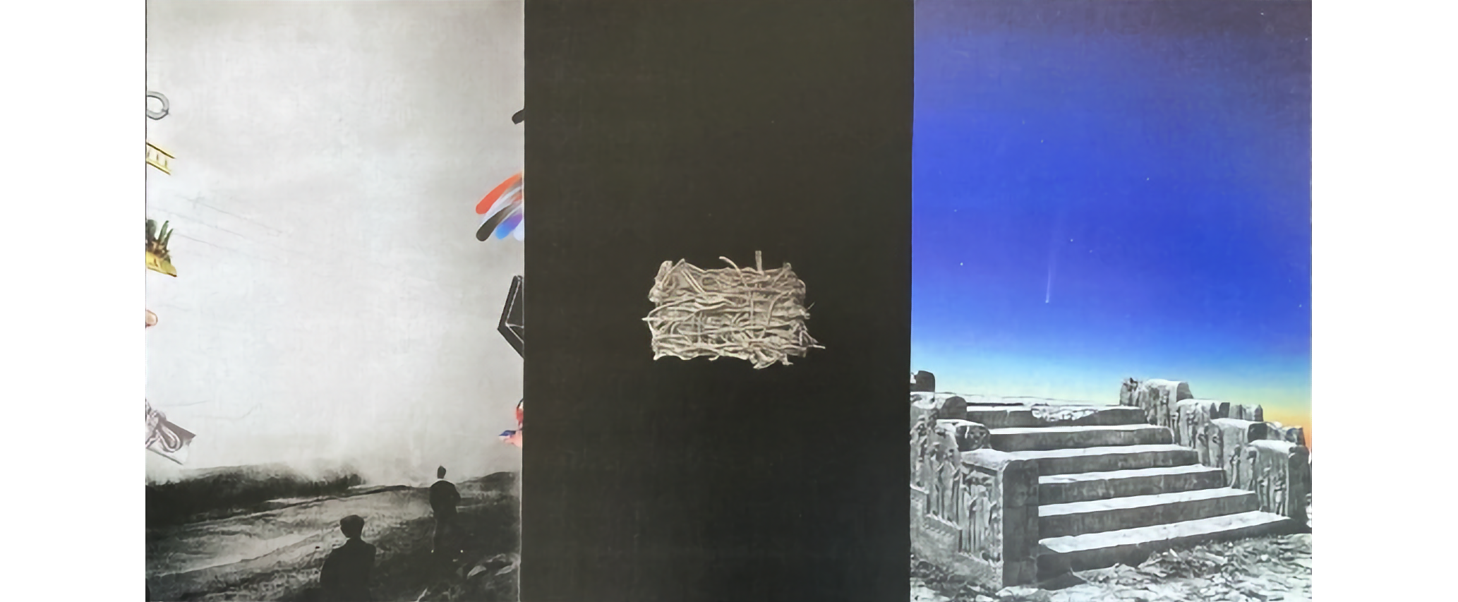 Image of collage triptych: Two small silhouetted figures in foreground near a breaking wave, a woven next of twigs againsta black background, and six engraved stone stairs leading from bottom right to mid-left, with a deep blue sky above.
