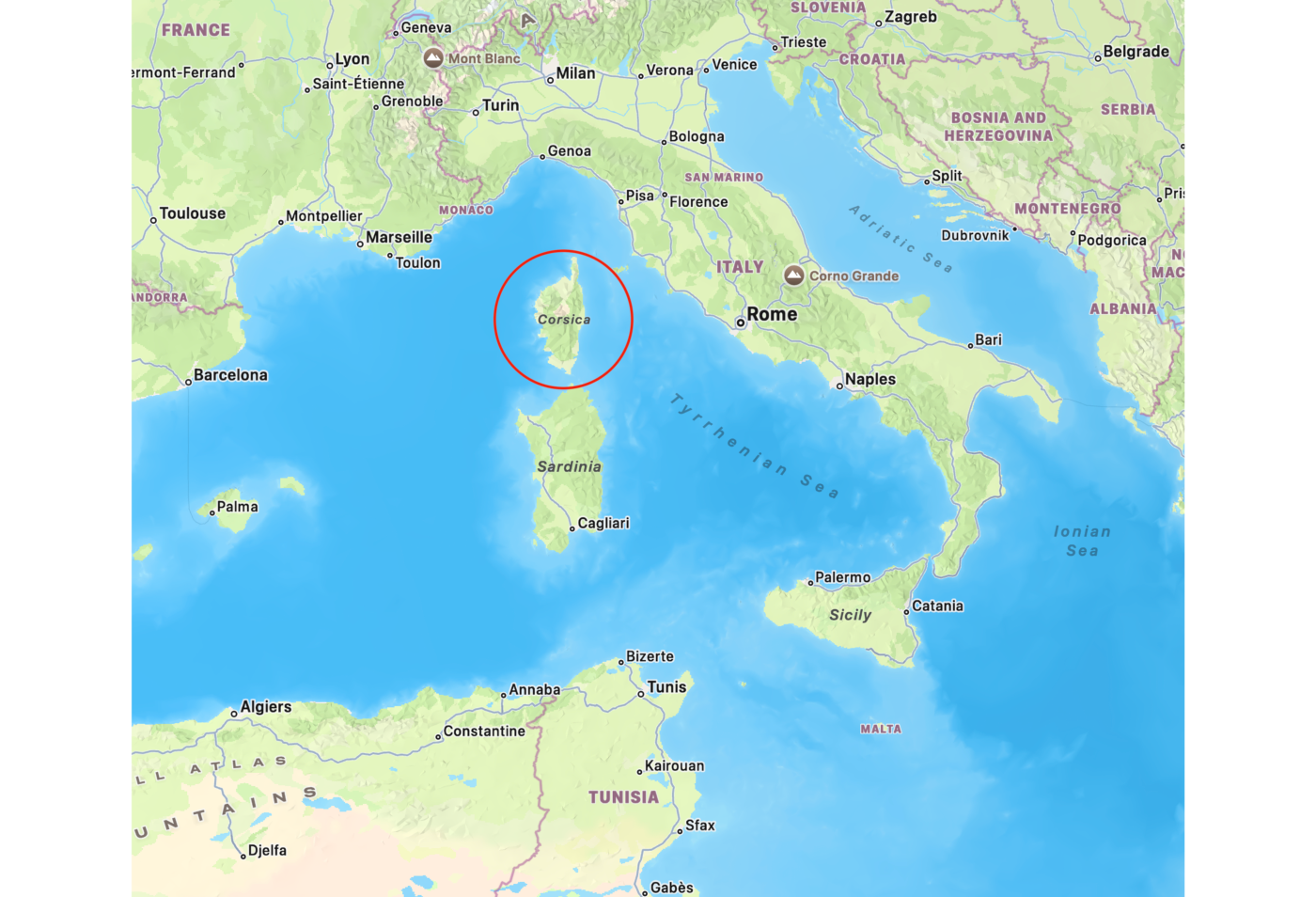 Map of Corsica and surrounding seas and countries