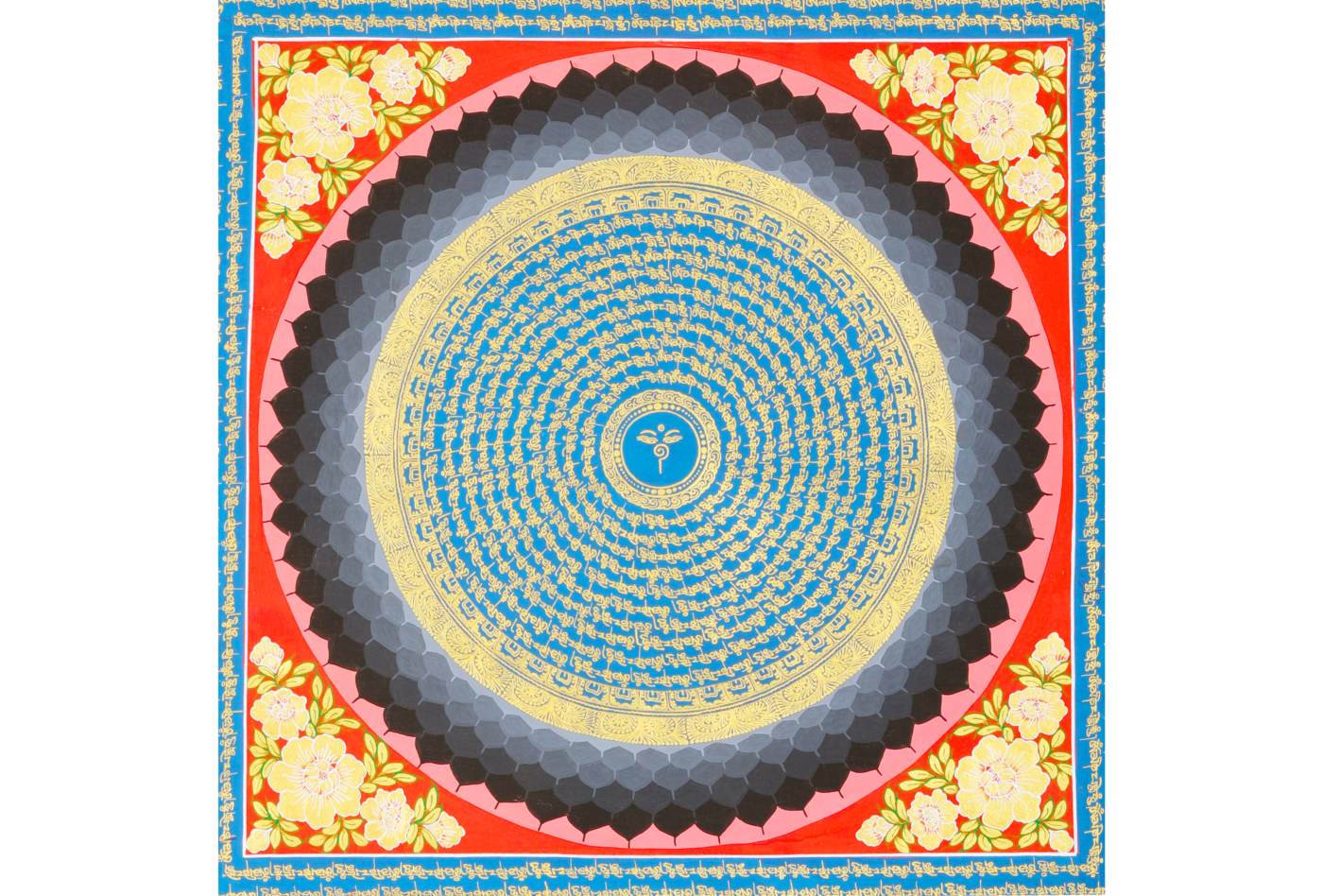 Image of circular mandala with concentric pink, black, grey, and alternating gold and blue ring designs, on red background with blue and gold rectangular border with golden flowers in the 4 corners
