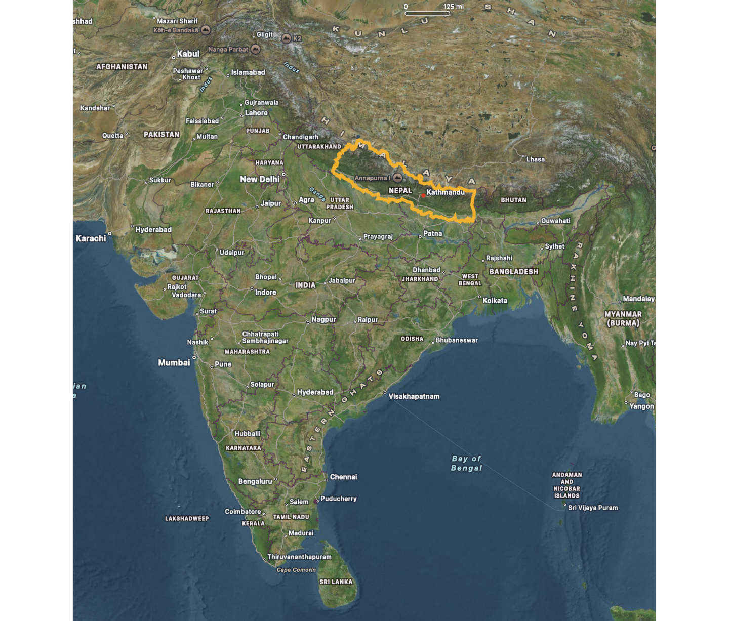 Image of map of India, Nepal, and surrounding countries, with Nepal outlined in gold