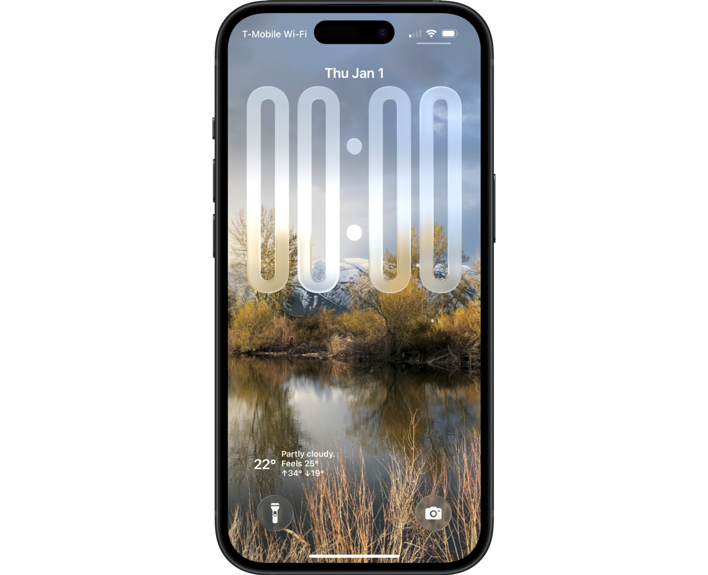 Photo of iPhone screen with black frame, showing a pond in foreground, then tress and snow-covered mountain in background