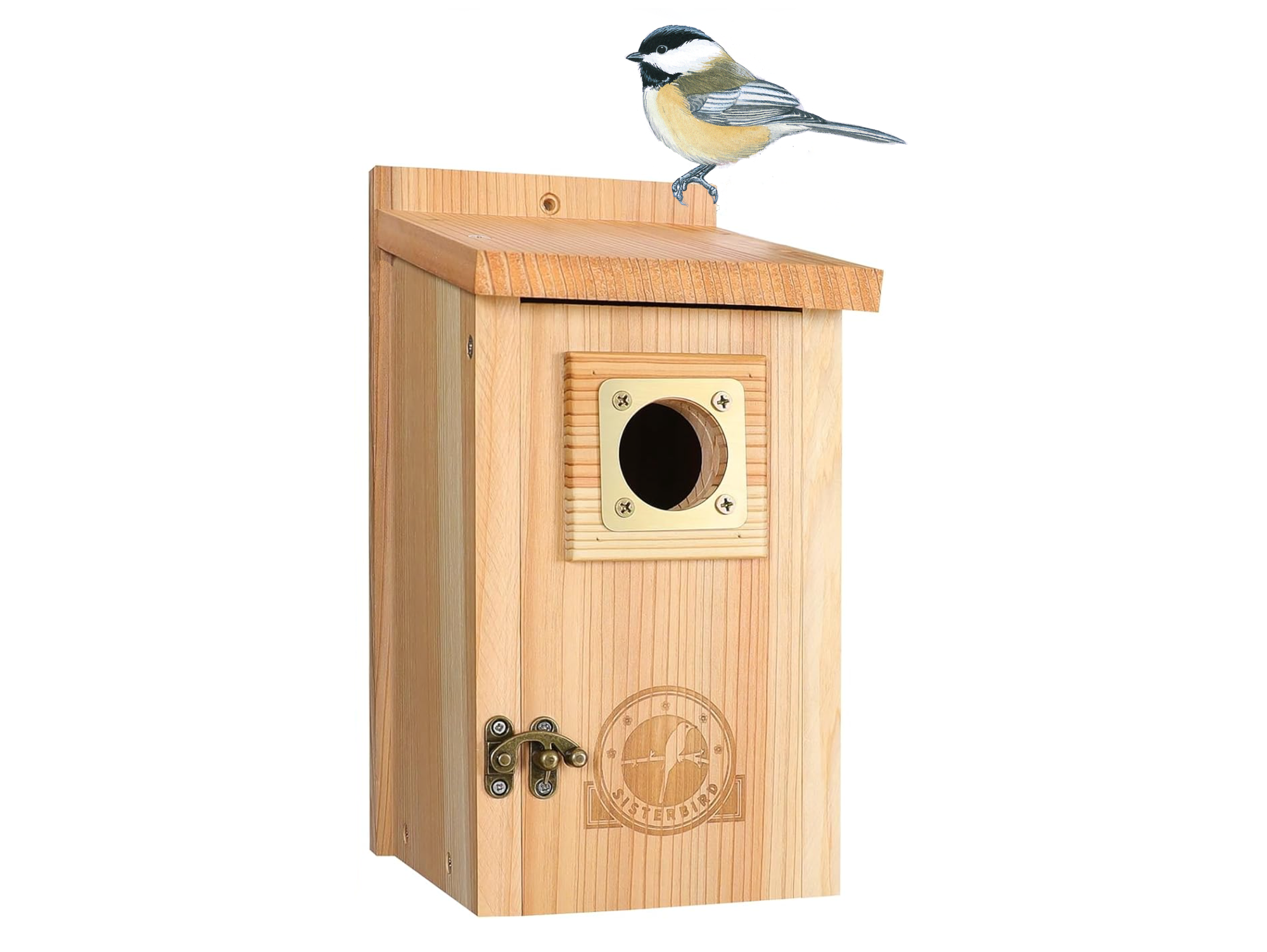 Image of rectangular wooden birdhouse with chickadee perched on upper right corner