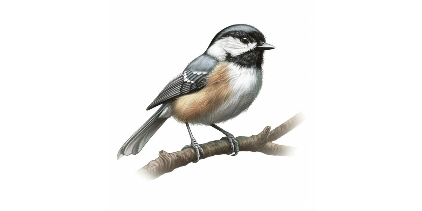 Image of painting of black-capped chickadee perched on a branch, looking to right front