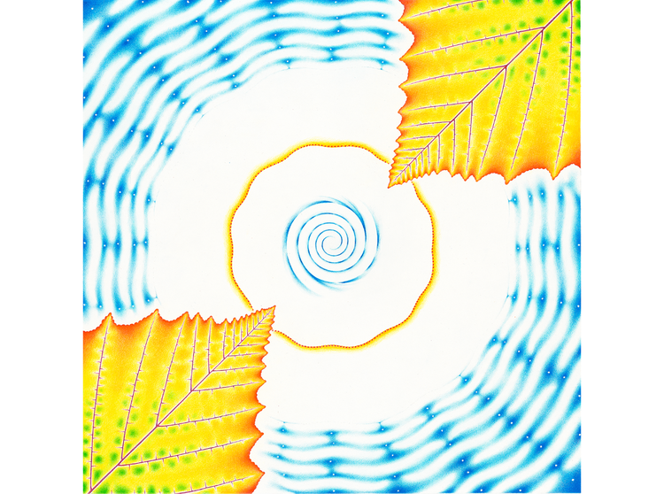 Image of center spiral with gold leafs at bottom left and upper right and blue vibrations at other corners