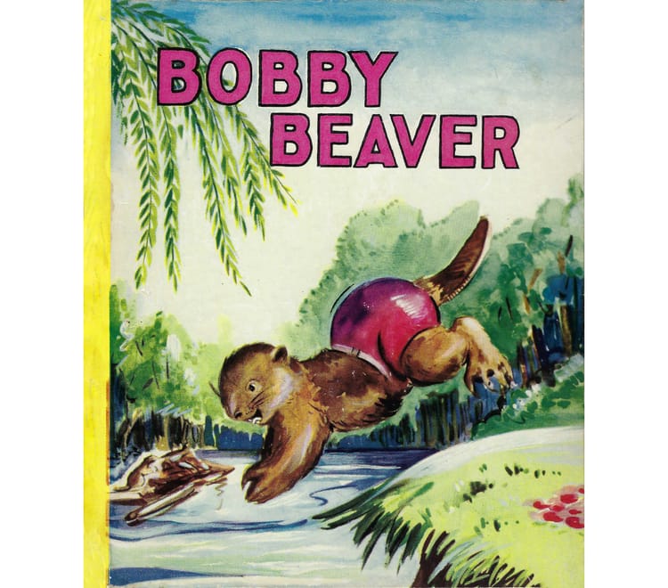 Book cover of Bobby Beaver, with beaver in red swim trunks diving into the water.