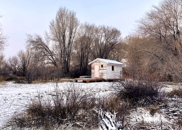 Photo of small, white cabin peeling paint and wooden deck in front, with tree behind and on sides, in a small field covered