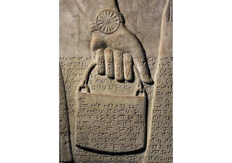 Image of stone carving of hand with bracelet holding a "handbag" with cuneiform writing on the fingers and bag
