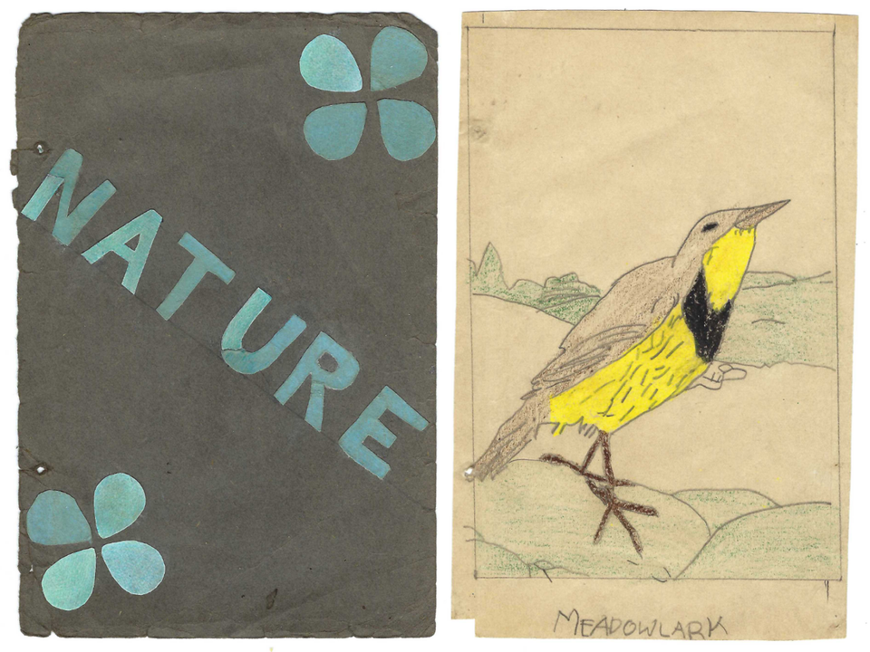 Image of my mother’s booklet cover and inside drawing from her 3rd grade school art project, 1932