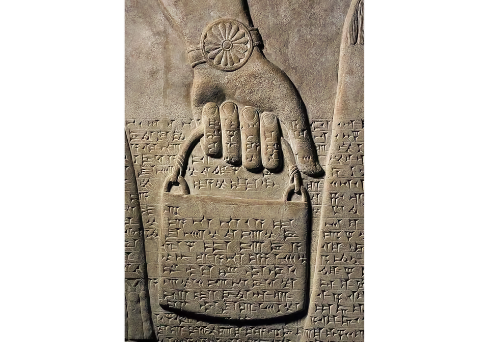 Image of stone carving of hand with bracelet holding a "handbag" with cuneiform writing on the fingers and bag